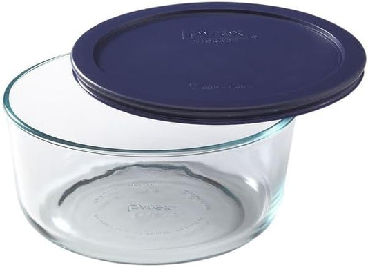 7203 7-Cup Glass Bowls and 7402-PC Blue Lids (2-Pack) - Made in USA | BPA-Free Plastic | Secure Seal | Non-Porous Material | Stackable Design | Refrigerator Safe