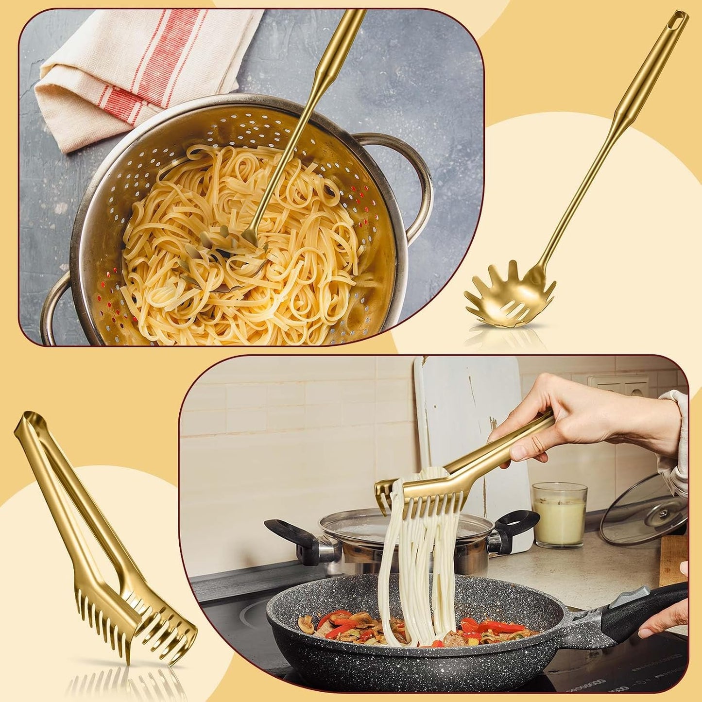 Stainless Steel Spaghetti Spoon and Pasta Tongs Set, Long Handle Noodle Server Tools with Drain Holes, Non-slip Grip for Cooking, Serving Pasta and Noodles(Sliver)