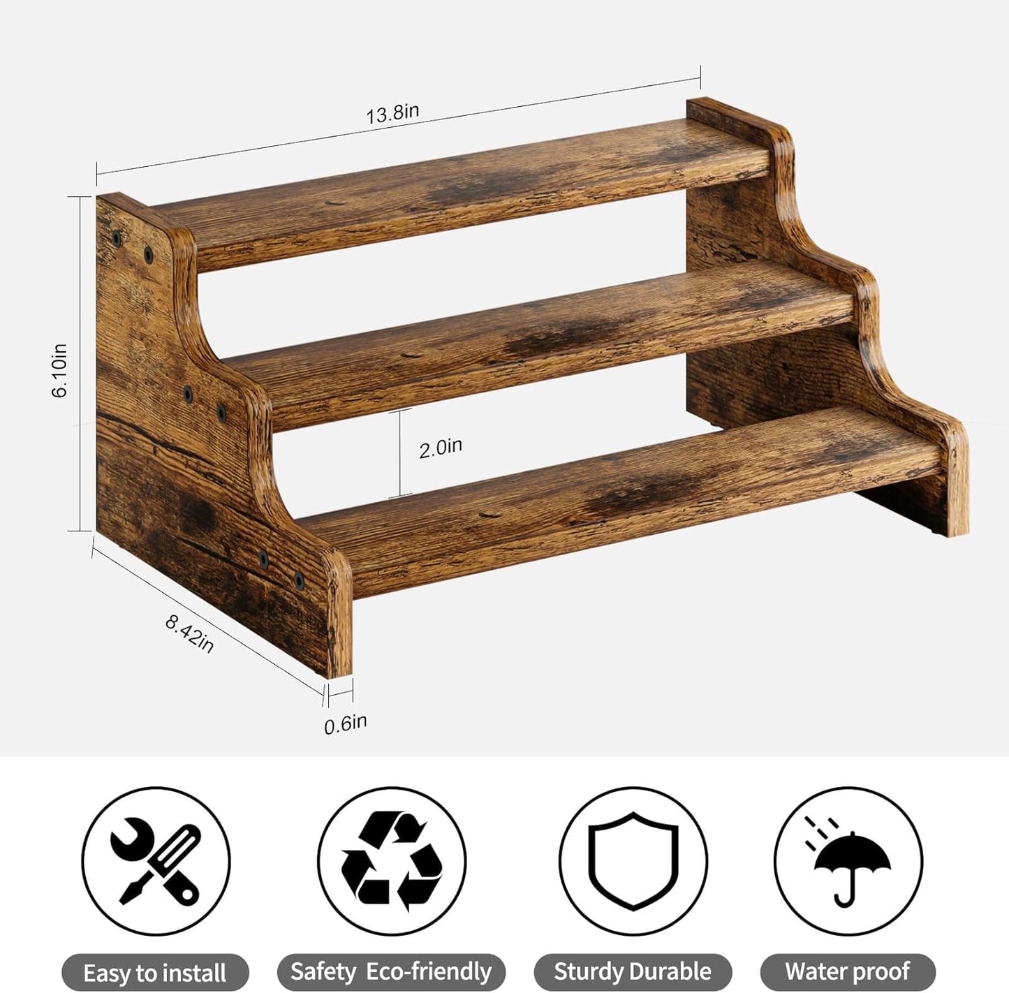 3-Tier Spice Rack, 13.8 Inch Wood Step Shelf Countertop Spice Storage Holder, Kitchen Pantry Cabinet Organizer Cupboard for Spice Bottles, Jars, Seasonings, Baking Supplies,Bathroom Organizer