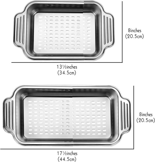 Expandable Dish Drying Rack Over The Sink, Stainless Steel Drainer Basket with Adjustable Arms for Vegetable and Fruit (Silver)