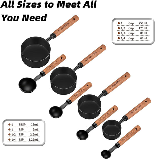 Wooden Handle Measuring Cups & Spoons Set 8-Piece – Stainless Steel, Stackable, Rustic Farmhouse Kitchen Gadgets, Non-Toxic, Dishwasher Safe, Gift for Bakers & New Homeowners
