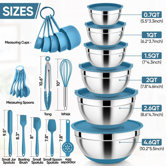 25PCS Mixing Bowls with Lid Set, Stainless Steel Nesting Prep Bowls with Grater Attachments Non-Slip Bottoms for Cooking, Baking, Serving, Food Storage, 4.6/2.6/2/1.5/1/0.7QT - Blue