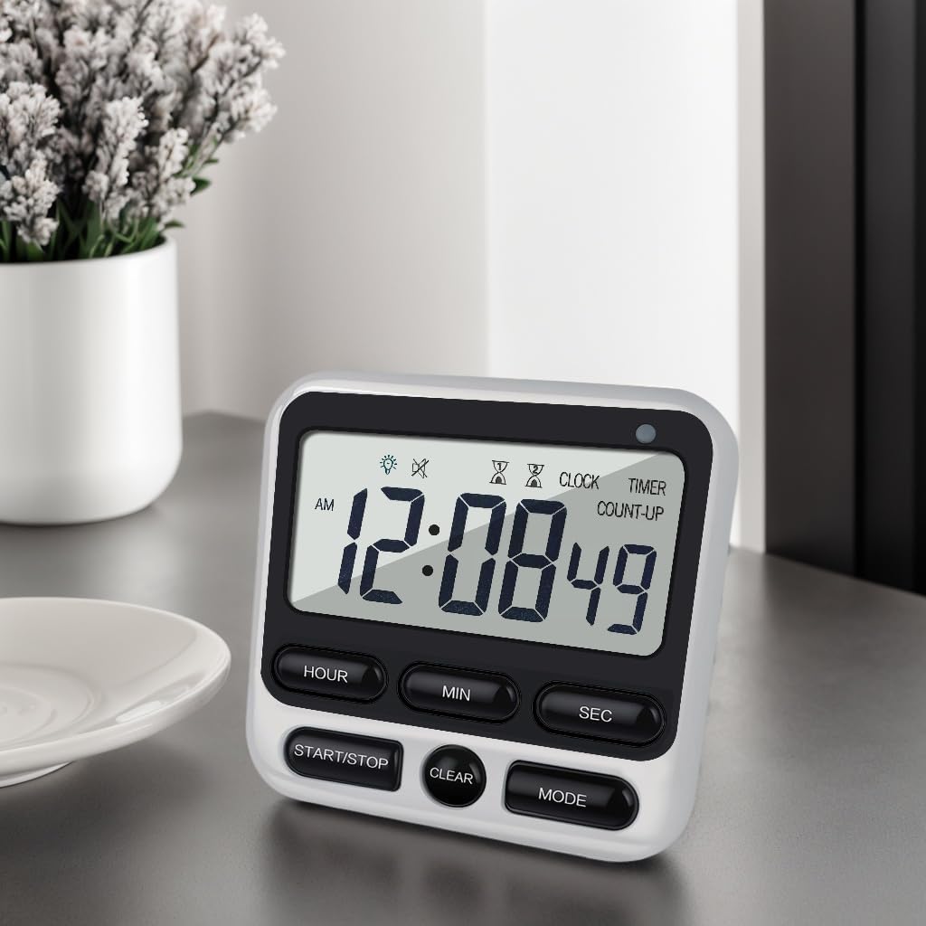 2-Pack Digital Dual Kitchen Timers with Magnet, 24-Hour Countdown & Stopwatch, Loud Alarm, 12/24H Clock, Calendar, Mute Mode, Visual Indicator, Batteries Included (Black)