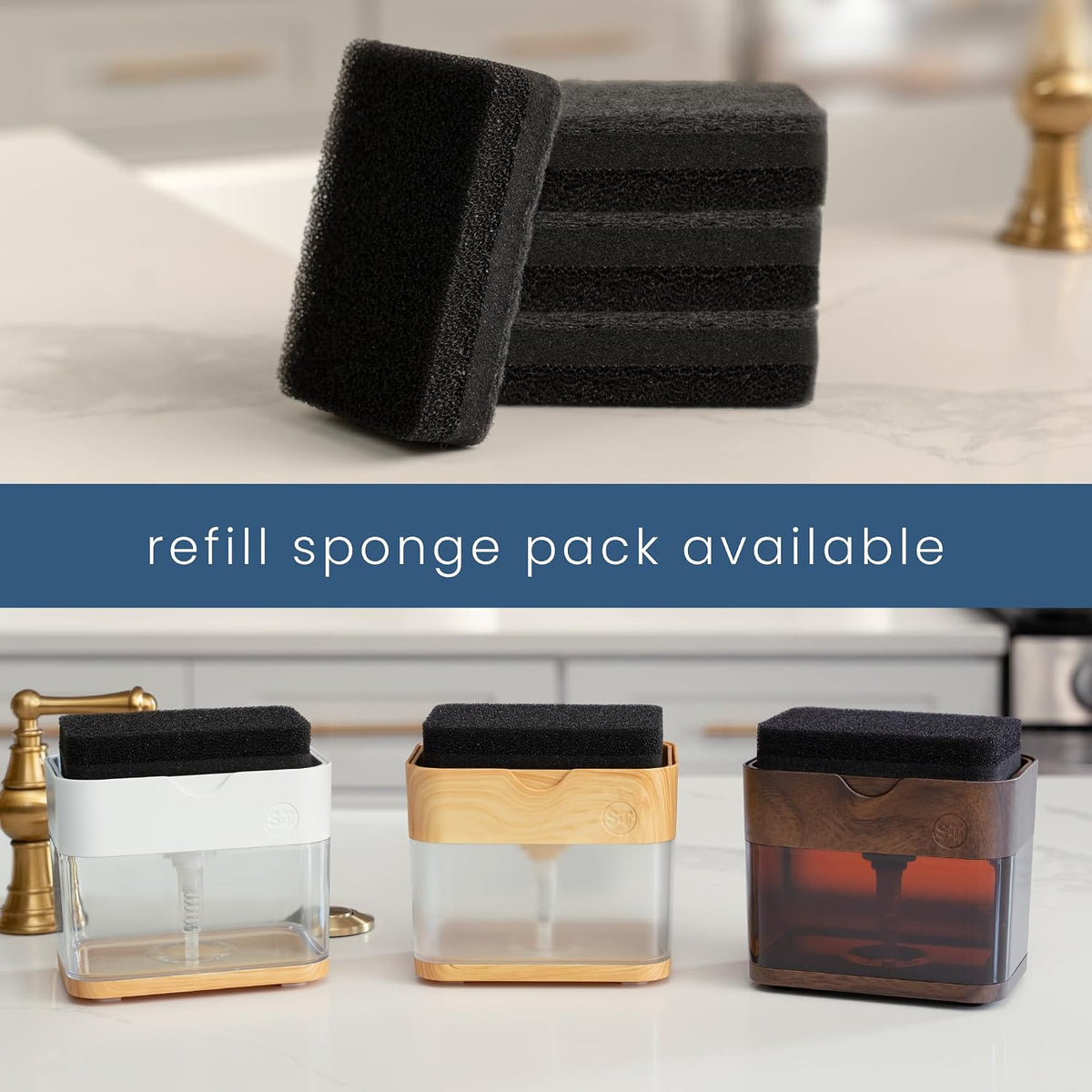 . Dish Soap Dispenser and Sponge Holder, Metallic Silver | Holds 13 Fluid Ounces, Sponge Included, Anti-Slid Feet, Push to Dispense Perfect Amount of Dish Soap