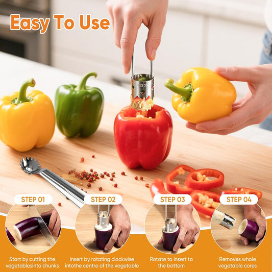 Red Bell Pepper Seed Corer - Fruit Vegetable Stem Remover for Pepper Pineapple Pear Apple Tomato, 304 Stainless Steel Rust Resistant, Easy to Use & Clean Kitchen Gadgets Tool (1 Set)