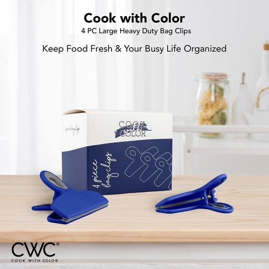 Bag Clips - Heavy Duty Chip Clip and Refrigerator Magnet for Food Storage with Air Tight Seal Grip, Bright Colors, Pack of 4 Large.