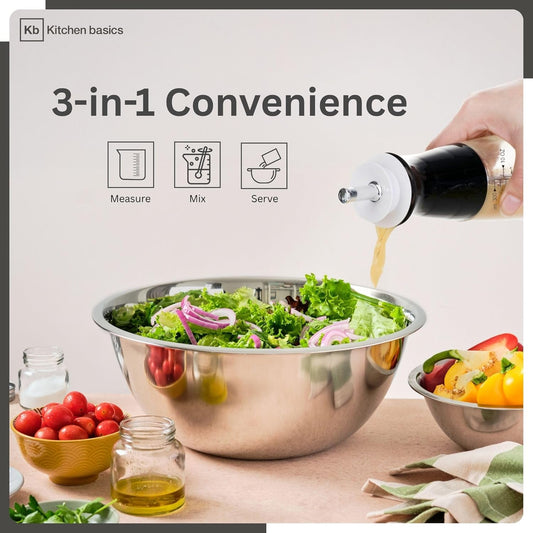 Salad Dressing Cruet 300ml/10oz - Refillable Glass Bottle with Etched Recipes, 3-in-1 Tool to Measure, Mix, Serve Dressings - Stylish & Functional Kitchen Essential