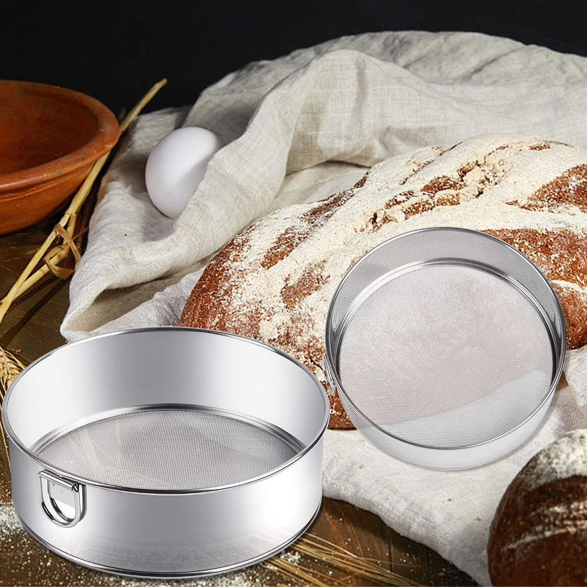 Stainless Steel Flour Sifter, 6-Inch, 8-Inch Sieve Fine Mesh Strainer Round Sifting Pan for Baking Straining Powdering Bread Dough Cake Fondant Icing