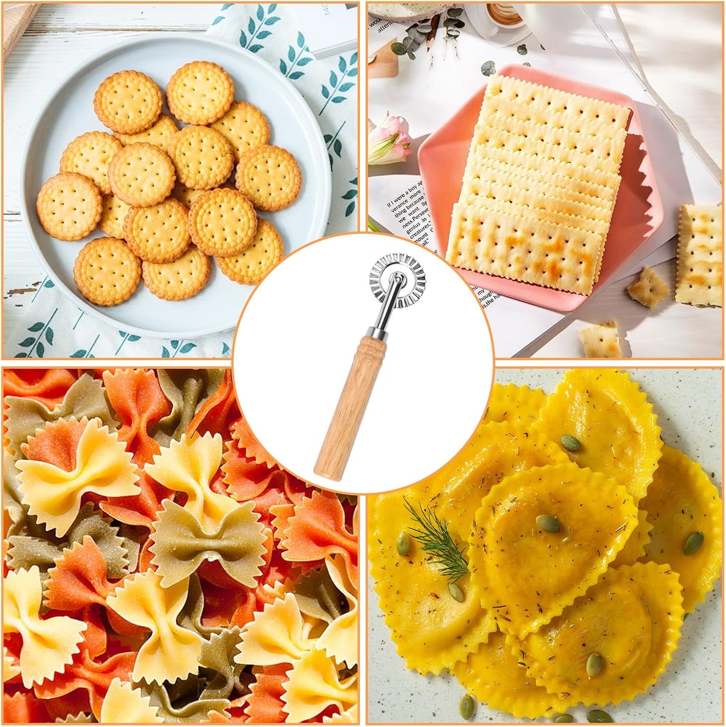 Pastry Wheel Cutter, Stainless Steel Ravioli Cutter, Fluted Pastry Wheel with Long Wooden Handle for Home Making Pasta Pizza Ravioli Cookie Tools