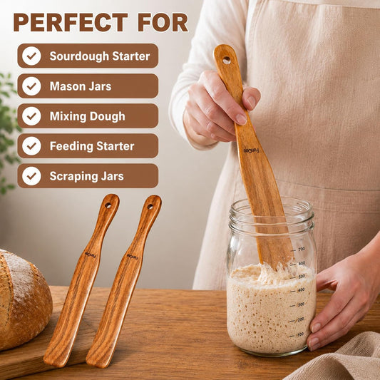 2 Pack Wooden Spurtle for Sourdough Starter, Mixing, Reaching Bottom of Jar, Dough Whisk, Long Handle Jar Spatula, Spurtles Kitchen Tools Teak Wood Kitchen Utensils kit for Baking, Cooking