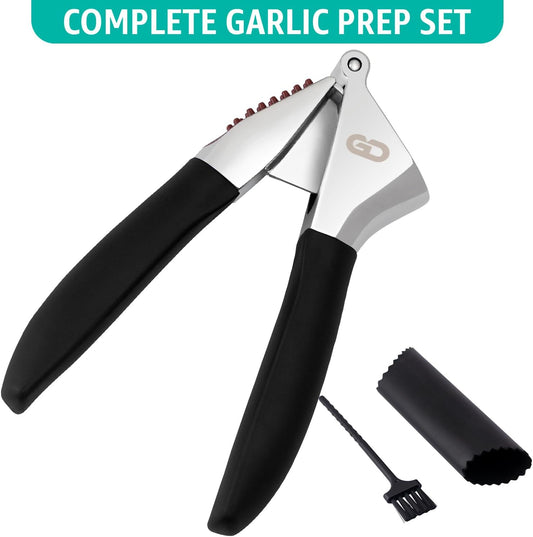 Garlic Press Set – Heavy Duty Garlic Crusher & Mincer | No Peel Required | Easy Squeeze & Clean | Ergonomic Handle | Ginger Press – Silicone Peeler & Cleaning Brush | Large Chamber Kitchen Tool
