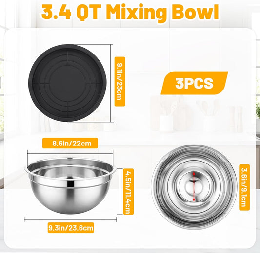 Mixing Bowls with Lids, 3 Pack 3.4 QT Kitchen Stainless Steel Mixing Bowls with Lids, Metal Nesting Set for Baking, Prepping, Serving, Salad and Food Storage