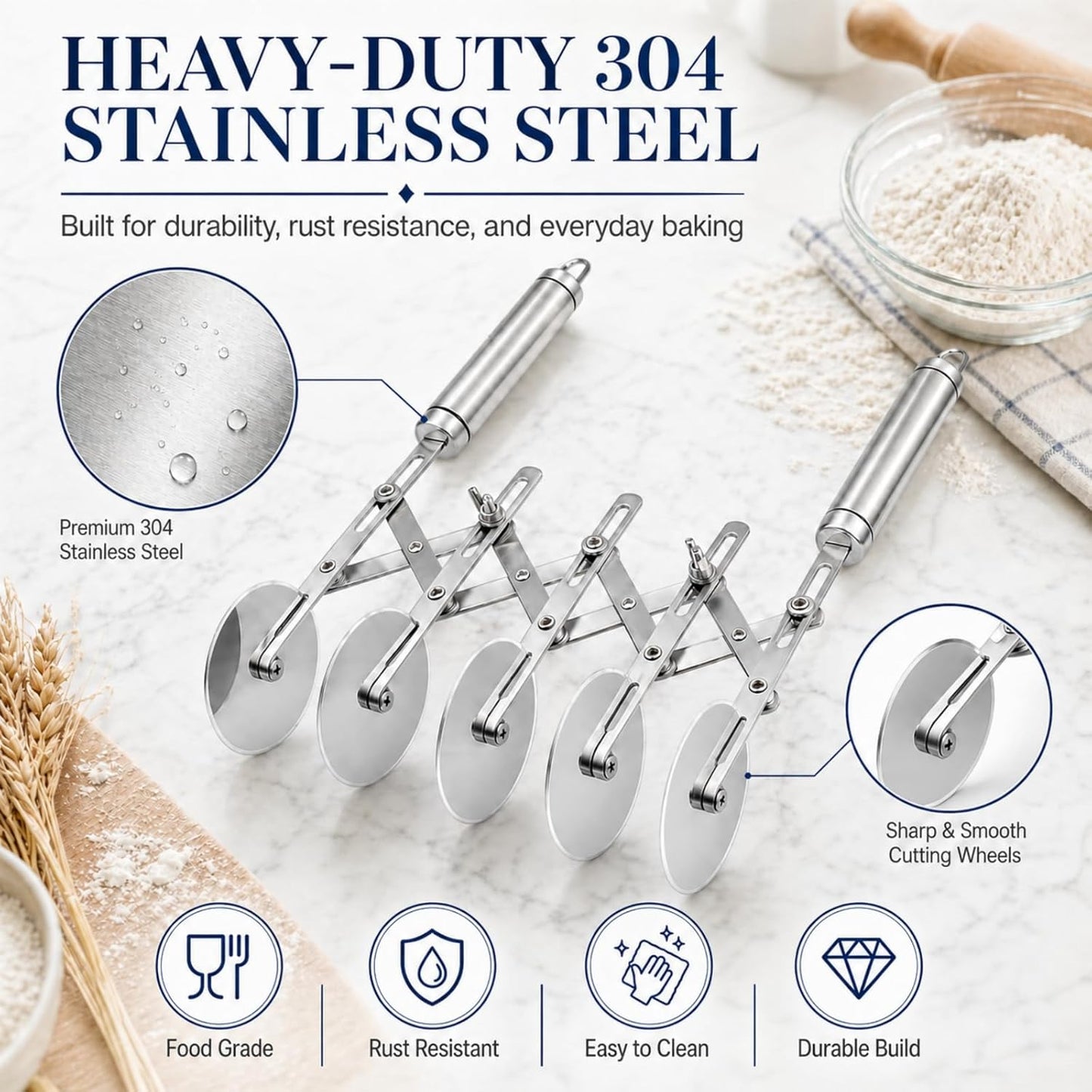 Wheel Adjustable Pasta Cutter with Handle - Stainless Steel Multi-Tool for Baking Pastry, Pizza, Noodles & Pie Crust (3 Roller)