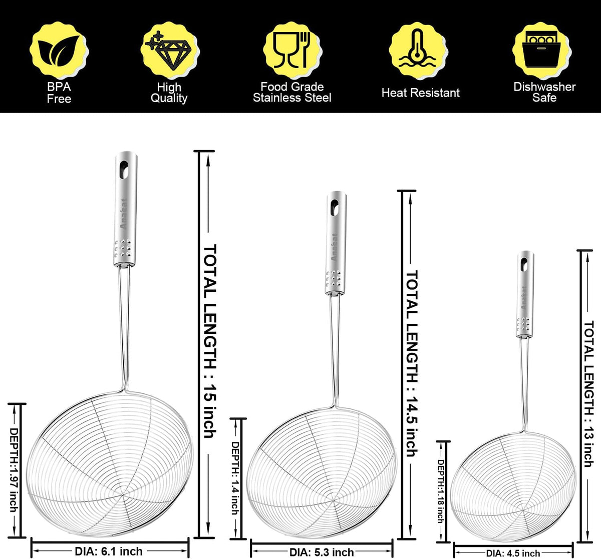 Stainless Steel Fat Skimmer Spoon - Set of 3 Professional Kitchen Fine Mesh Food Strainer and Hot Pot Skimmer with Long Handle for Skimming, Cooking, Frying, Grease, Gravy and Foam (3"+4"+4.7")