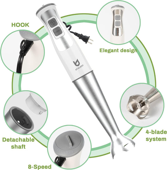 Immersion Hand Blender, 5-in-1 8-Speed Immersion Blender with 500ml Food Grinder, 600ml Container,Milk Frother,Egg Whisk,Puree Infant Food, Smoothies, Sauces and Soups - White