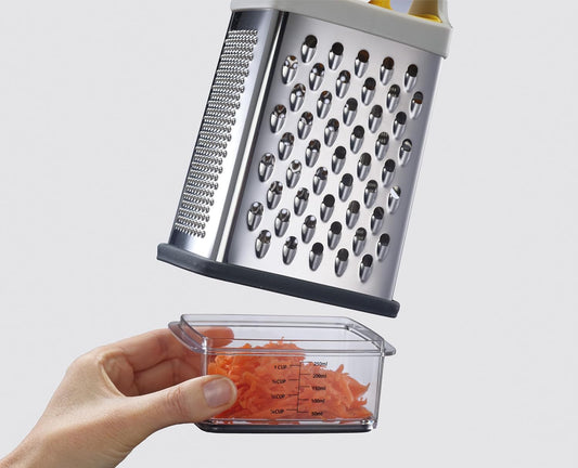 Multi-Grip Box Grater with Precision food grip, Stainless Steel blades for grating and slicing, non-slip base, Dishwasher safe