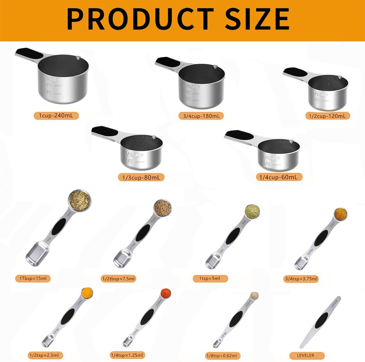 Magnetic Measuring cups and spoons Set, 304 Stainless Steel 5 Magnetic Measuring Cup and 8 Double Sided Measuring Spoons with 1 Leveler,Kitchen Gadgets for Cooking & Baking