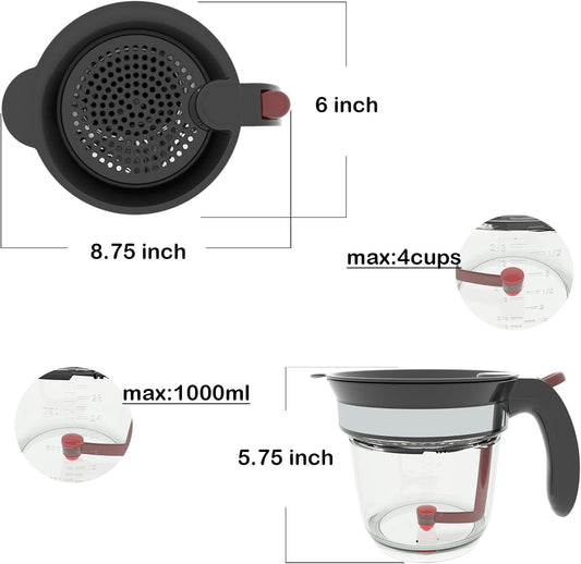Fat Separator with Bottom Release, Gravy Separator with Oil Strainer for Cooking, Kitchen Gadgets-4 Cup Grease Separator with Sifter, Packaged with a 3-in-1 Multifunctional Peeler for potato (Red)