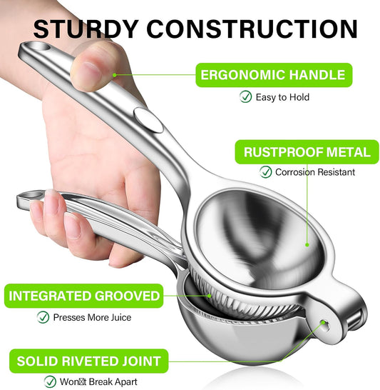 Lemon Squeezer - Heavy-Duty, Rust-Resistant Metal Manual Citrus Juicer for Lemon & Lime, Effortless Press - Silver
