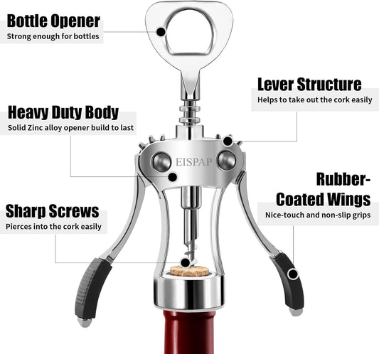 Powerful Wine Opener, Ergonomic Soft Touch Heavy Duty Manual Bottle Openers, Rust Resistant Zinc Alloy Winged Corkscrew, Easy Use, Open Corks, Dishwasher Safe, Bar Accessories