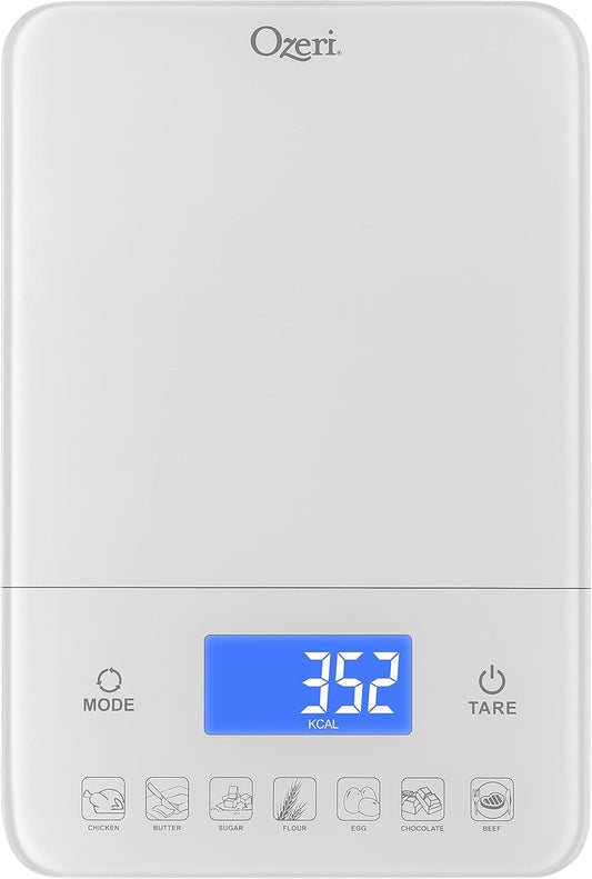 Touch III 22 lbs (10 kg) Digital Kitchen Scale, in Tempered Glass | Built‑in calorie counter helps you calculate and track daily caloric intake for 7 of the most commonly weighed food items.