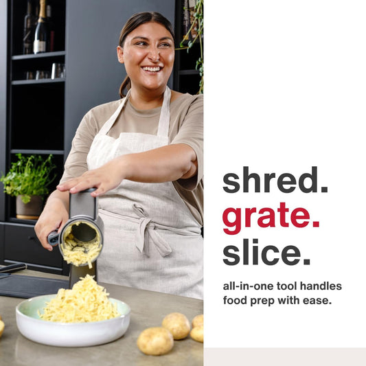 Rotary Cheese Grater - Includes Universal & Gourmet Drums for Grating Cheese, Vegetables, Chocolates, Nuts & Fruits - Includes Non-Slip Suction Foot and Table Clamp - 2 Steel Drums