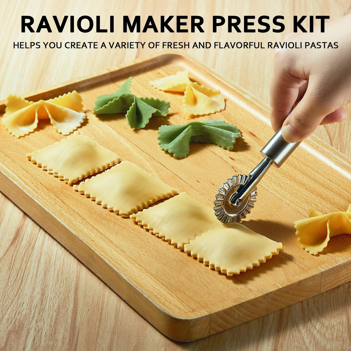 Ravioli Maker Press, Ravioli Cutter & Mold Set, Round, Heart & Square | Ravioli press kit with 3 shaped molds, wood rolling pin, pasta cutter wheel, 2.6-inch empanada maker and dough mat.
