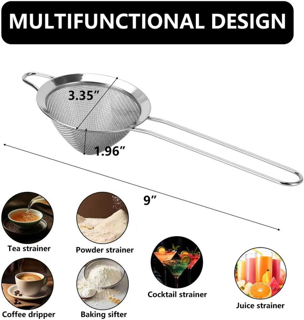 3 Pack Fine Mesh Strainer 304 Stainless Steel Small Sieve Sifter for Food, Tea, Juicing, Cocktail, Cooking (3.35")