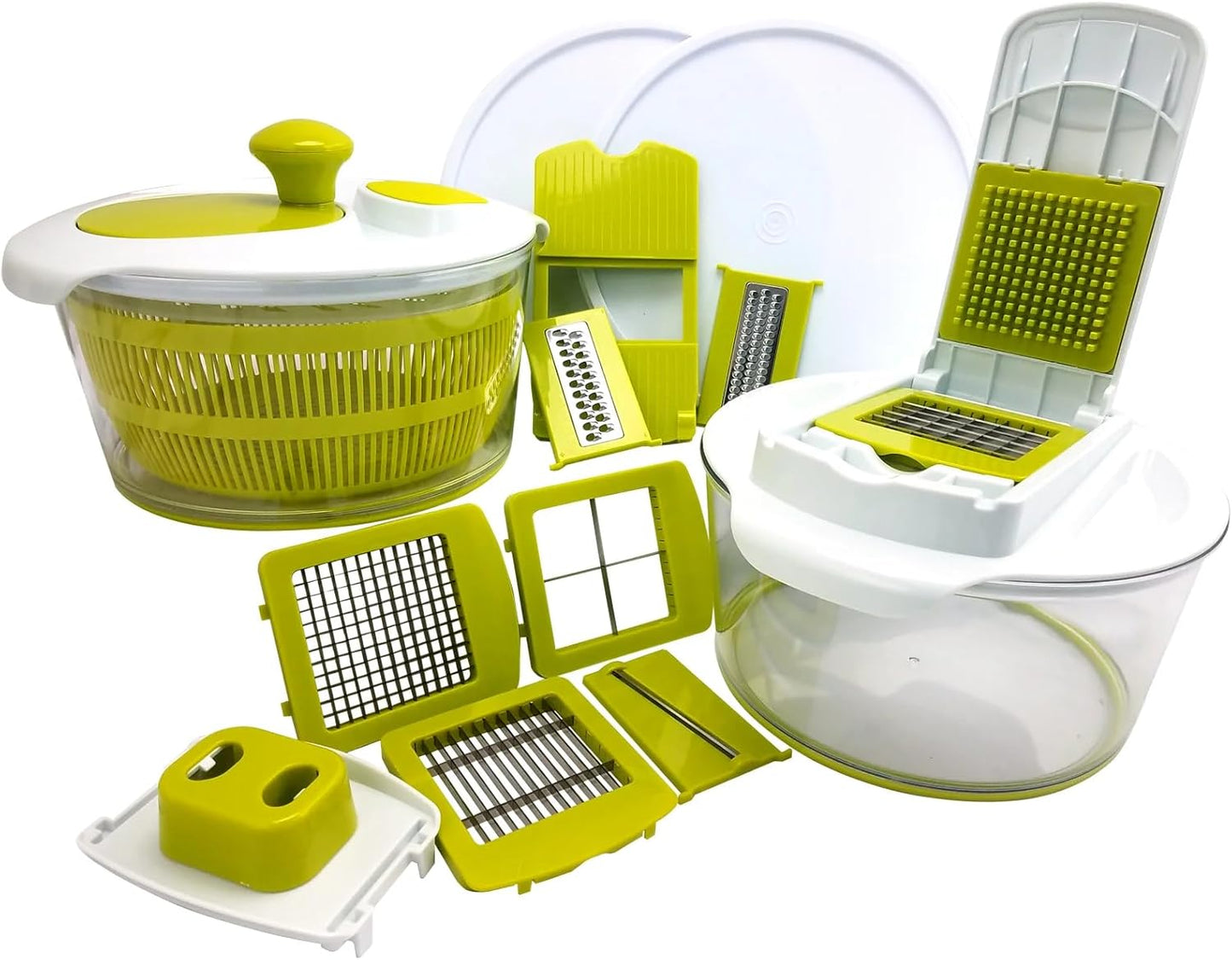 Dicer and Chopper Veggie Mandoline Slicer with Julienne Graterwith Interchangeable Blades and Storage Lids, 16 Piece, Green