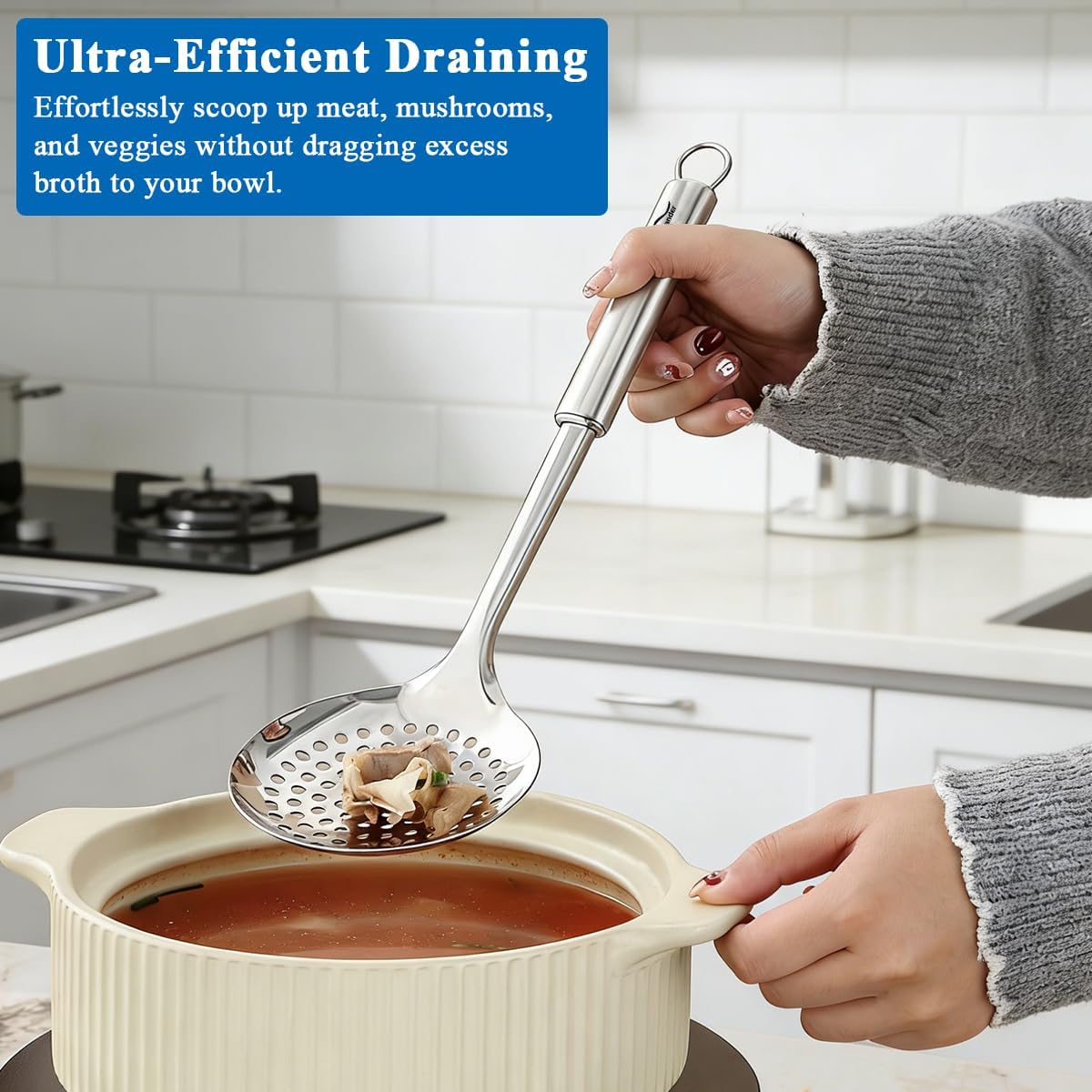 Kitchen Skimmer Slotted Spoons for Straining 2 pcs 13", Stainless Steel Kitchen Spider Strainer Ladle Spoon for Straining Pasta/Cooking/Frying/Noodle, Metal Kitchen Utensils Pasta Spoon