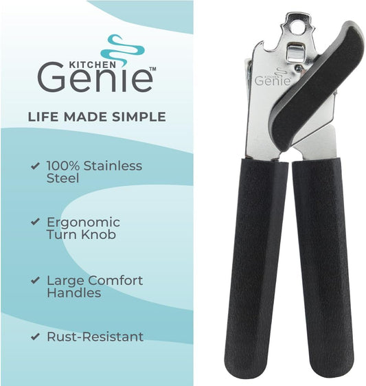 Slip Resistant Stainless Steel Manual Can Opener, Sharp Blade for Smooth Edge Cuts, Easily Open Cans, Ergonomic Handles with Easy to Turn Knob, Built-In Bottle Openers, Pitch Black