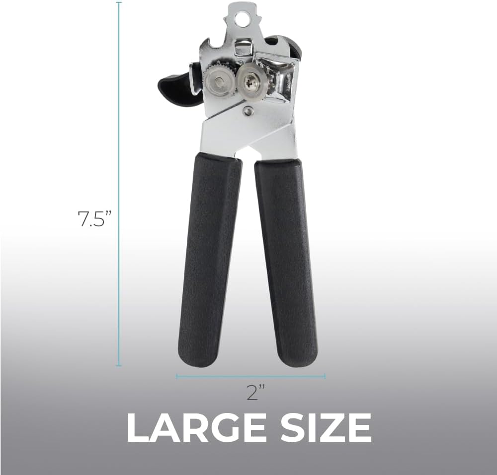 Slip Resistant Stainless Steel Manual Can Opener, Sharp Blade for Smooth Edge Cuts, Easily Open Cans, Ergonomic Handles with Easy to Turn Knob, Built-In Bottle Openers, Pitch Black