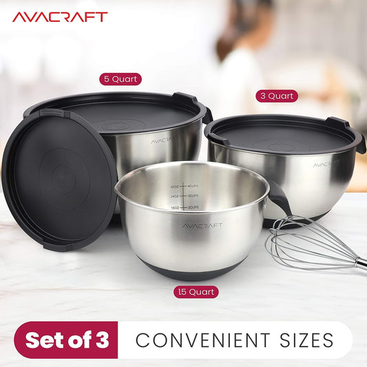 18/10 Stainless Steel Mixing Bowl Set with Lids, Black | Non-Slip Silicone Base, Ergonomic Handles, Pour Spouts, Interior Measurement Marks, Nesting Design, Dishwasher Safe