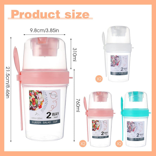 6 Pcs Salad Shaker Cup with Lids and Fork Fresh Salad Shaker Container for Lunch, Portable Breakfast Meal Vegetable and Fruits, White, Pink, Green