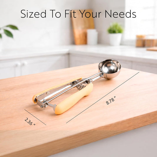 Comfy Grip 2 Ounce Ice Cream Scooper 1 Spring-Loaded Melon Ball Scoop - #20 Built-In Blade Yellow Stainless Steel Cookie Baller Dishwasher-Safe Heavy-Duty