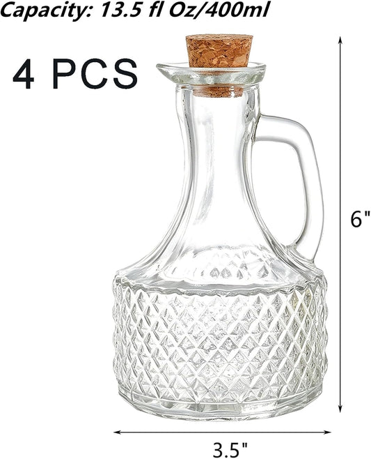 4 Pack Glass Oil and Vinegar Cruets Bottles, 13.5 Ounce Glass Olive Oil Dispenser Bottle with Handle and Cork, Soy Sauce Salad Dressing Syrup Liquid Dispenser for Kitchen