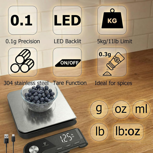 11lb/5kg Digital Kitchen Food Gram Scale with Pull Out Display, 0.1g/0.001oz Precision Wireless Bakery Scale, LED Backlight, 5 Units, USB Rechargeable, Stainless Steel Platform