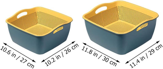 Double-layer Kitchen Colanders Vegetable Wash Basket Set, Plastic Fruit Strainer Bowls with Drainage, Large and Small Square Baskets for Kitchen Food Storage and Washing
