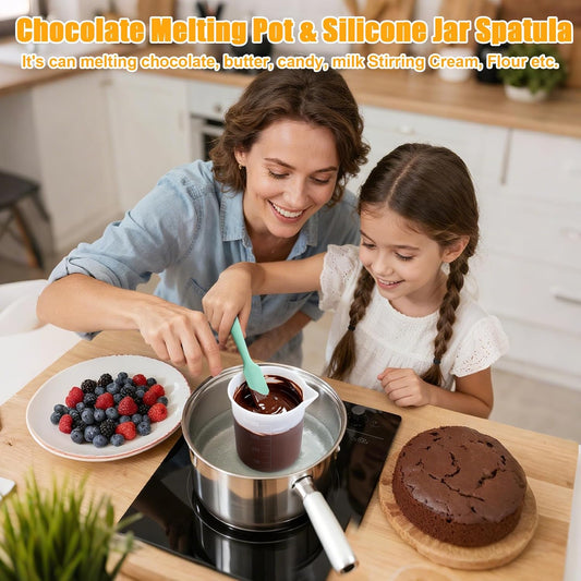 Silicone Chocolate Melting Cup Set with 4 Silicone Measuring Cups (250ml & 350ml) and 4PCS Heat-Resistant Jar Spatulas, Non-Stick Baking Tools for DIY Chocolate, Butter & Cream Mixing
