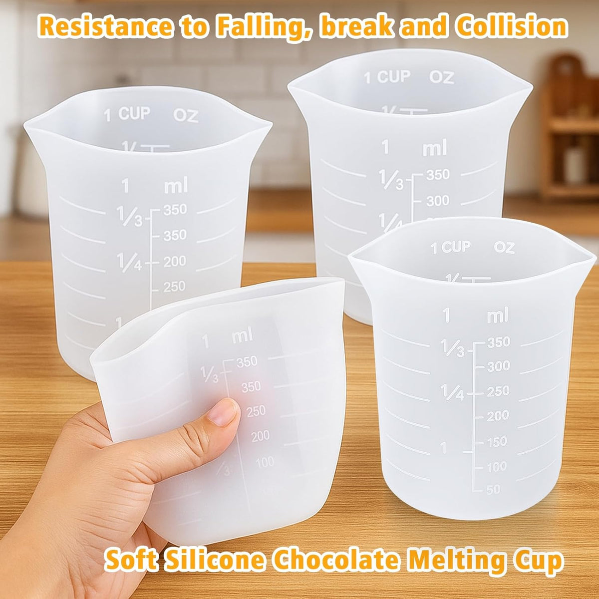 Silicone Chocolate Melting Cup Set with 4 Silicone Measuring Cups (250ml & 350ml) and 4PCS Heat-Resistant Jar Spatulas, Non-Stick Baking Tools for DIY Chocolate, Butter & Cream Mixing