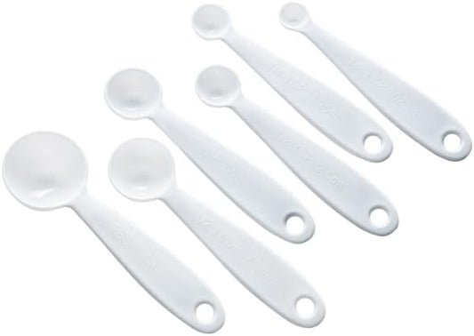 Measuring Spoon Set - 6-Piece White Set - 1/8 tsp to 1 tbsp - Durable Plastic with Raised Measurements - Metric, Standard Markings - Dishwasher Safe - Wet and Dry Ingredients