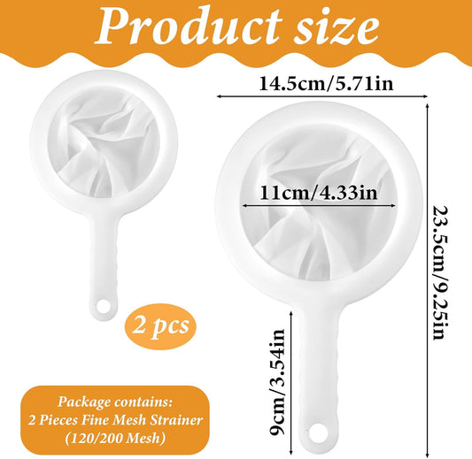 2PCS Fine Mesh Strainer Plastic Juice Strainer Plastic Mesh Colander with Handle Yogurt Mesh-Sieve Nylon Mesh-Strainer Net Strainers 120/200 Meshes Kitchen Sieve Filter for Tea Coffee Nut Milk Juice