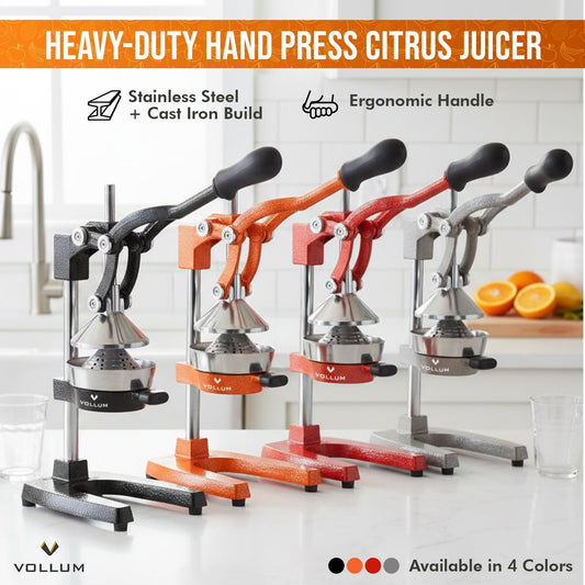 Manual Citrus Juicer Squeezer – Stainless Steel, Cast Iron | Commercial-grade hand press for oranges, lemons, and limes. Non-skid suction cup base keeps it stable. 15-inch, gray finish.