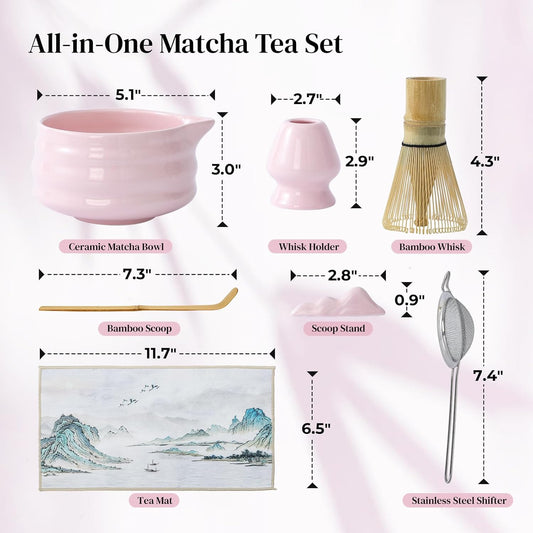Matcha Whisk Set, 7 Pcs Matcha Set Includes Bowl with Spout, Whisk and Holder, Bamboo Scoop and Holder, Sifter and Tea Towel - Matcha Kit Gift for Lovers Beginners (Pink)