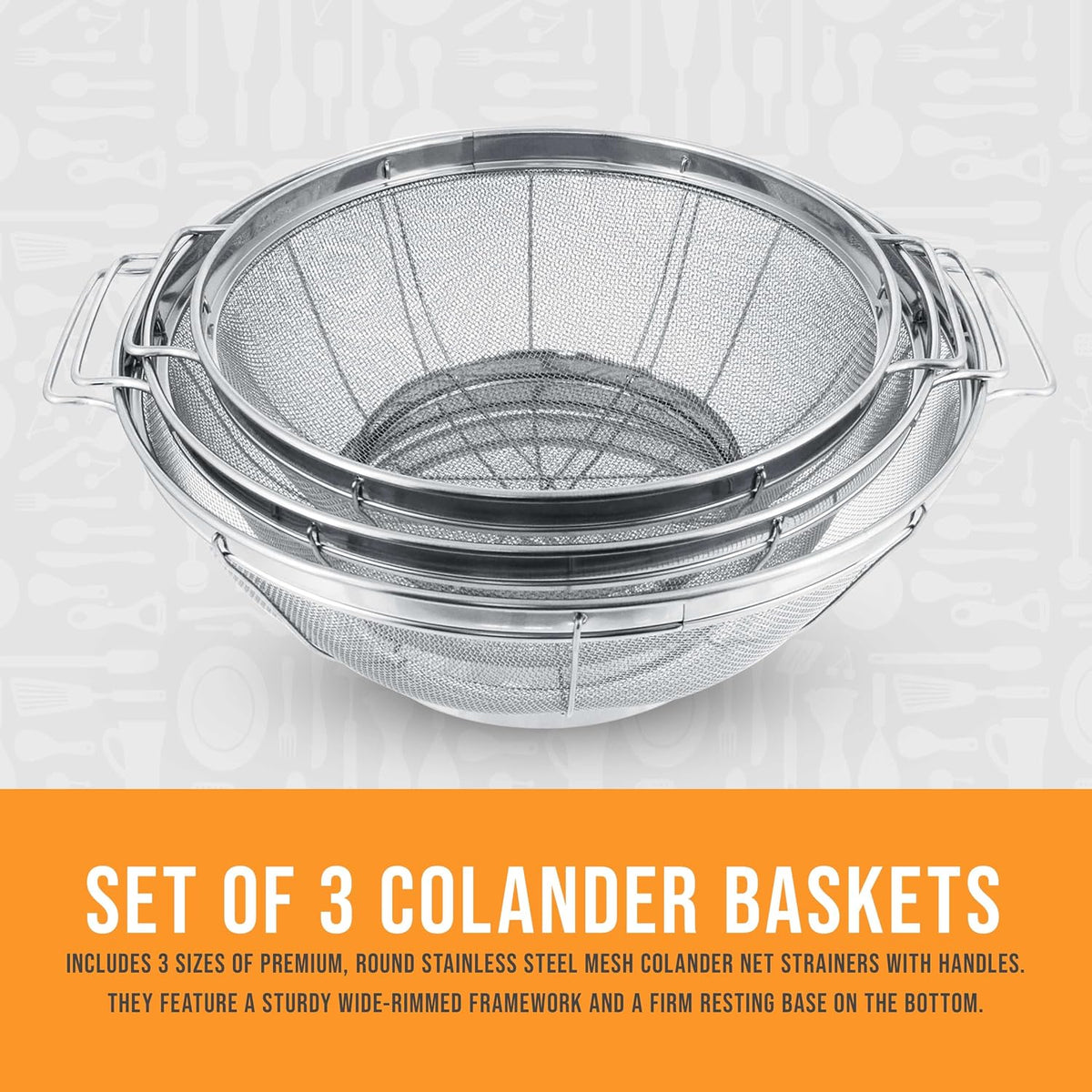 Set of 3 Stainless Steel Colander Strainers Net Baskets