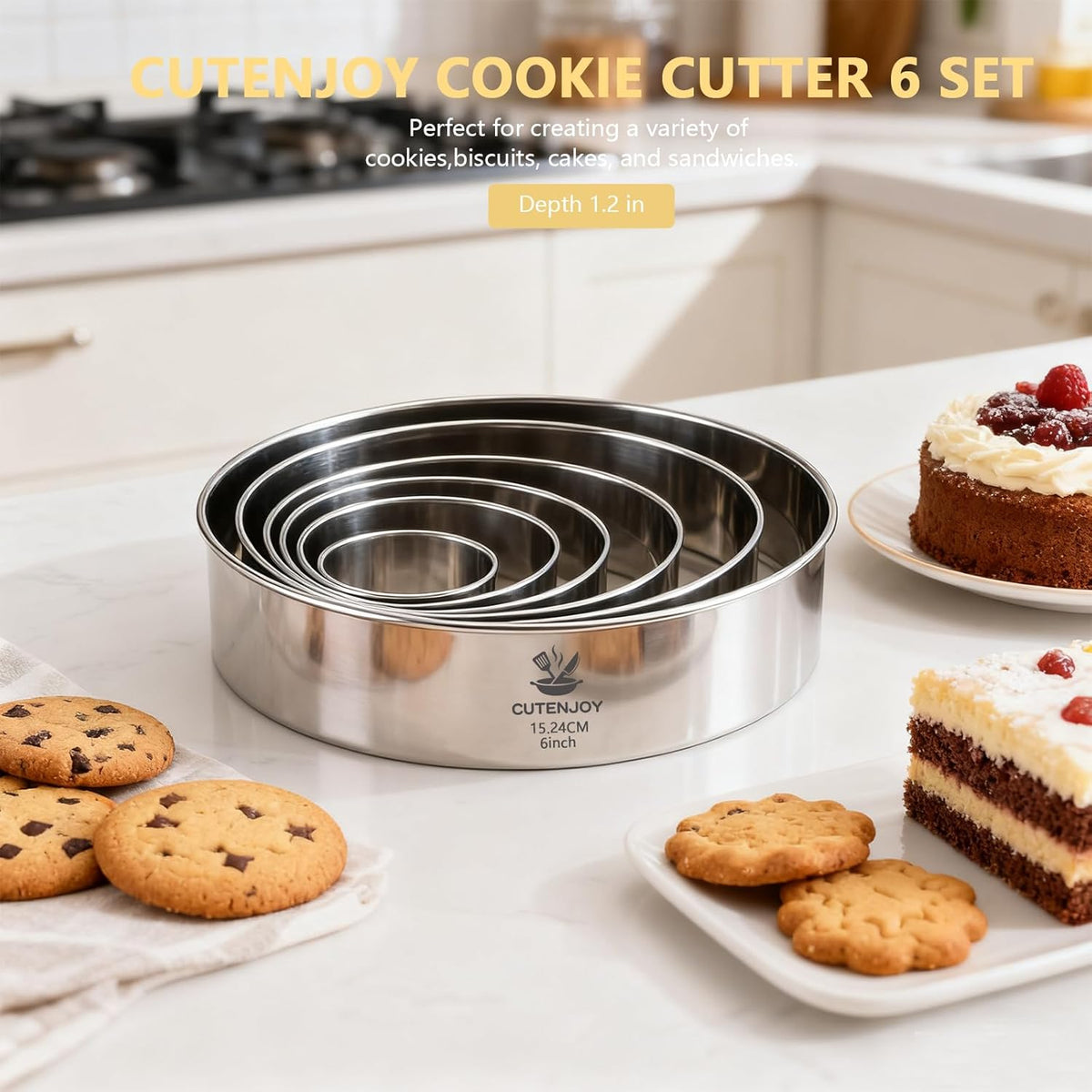Cookie Cutters, 5 Pieces Round Biscuit Cutter Set with Handle | Dishwasher-Safe, Comfortable Grip, Professional Baking Dough Cutter Tools for Thick Dough, Biscuits & Fondant