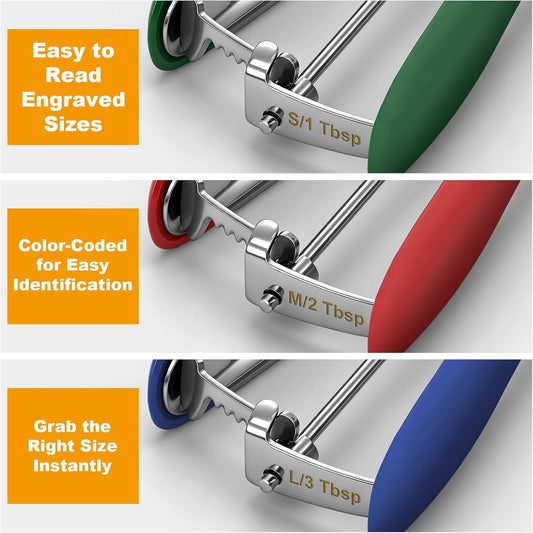 Cookie Scoop Set of 3,Color-Coded Cookie Scoops for Baking with Engraved Sizes,18/8 Stainless Steel Ice Cream Scoop with Non-Slip Soft Rubber Handles,Dough Scoopers for Cupcakes,Meatballs,Muffins
