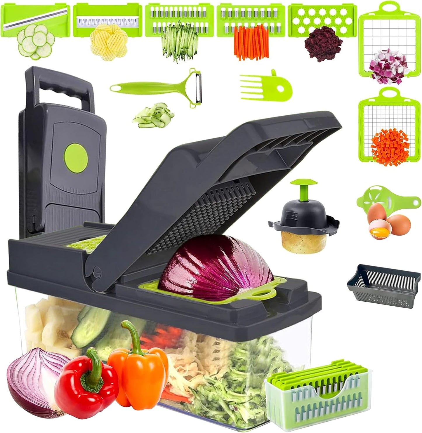 Vegetable Chopper 16 in 1- Multifunctional Food Chopper with 7 Blades- Mandoline Slicer, Dicer, Cutter, Peeler & Grater for Onion, Potato, Salad, Carrot, Garlic with Drain Basket & Container