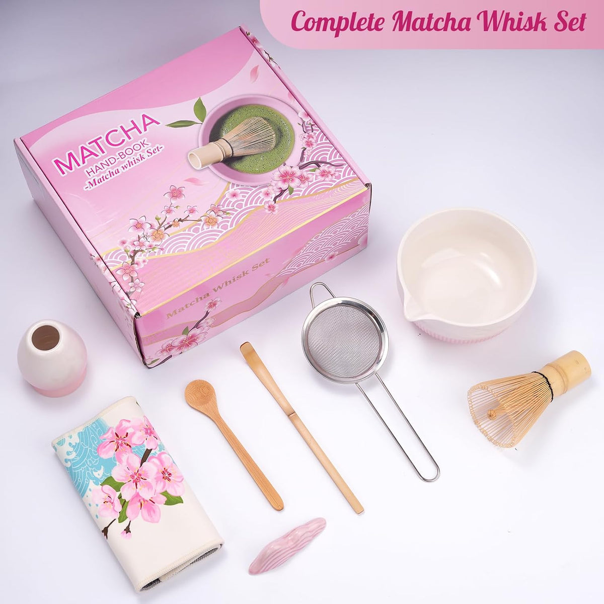 Matcha Whisk Set, Ceramic Matcha Set Includes Bowl & Holder, Bamboo Whisk (Chasen), Scoop, Spoon and Sifter, 8PCS Matcha Kit Covers Everything Needed for Making Matcha (Pink)
