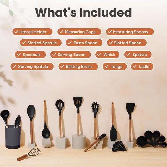 Silicone Kitchen Utensils Set, 22-Piece Acacia Wood Handle, Black | Cooking Utensils Set, Spatula Set with Utensils Holder, Heat-Resistant Silicone Heads, for Nonstick Cookware, BPA Free